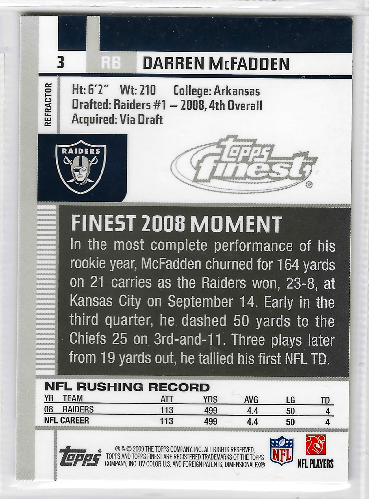 2009 Topps Finest - Darren McFadden #3 Refractor - Image 2