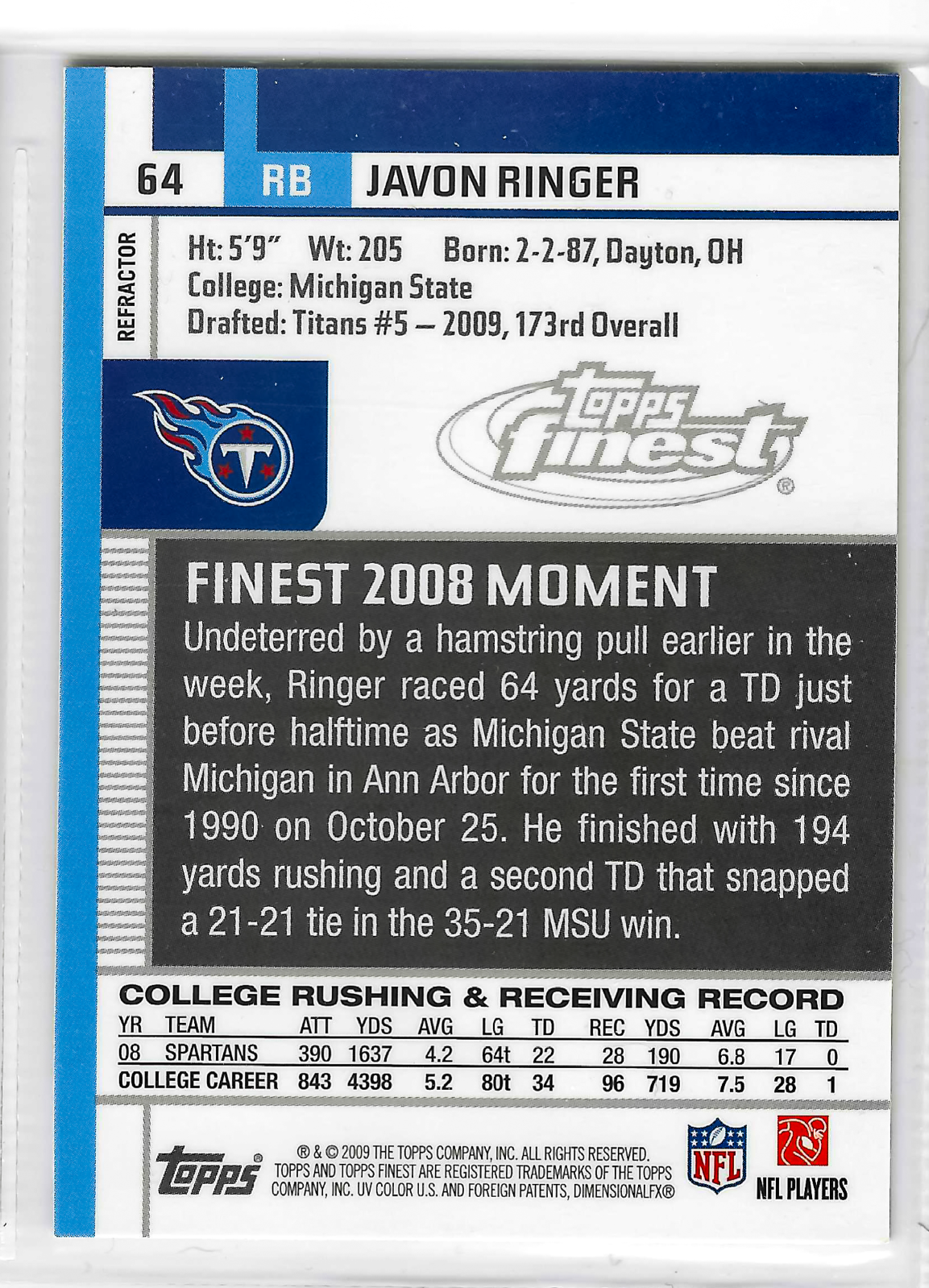 2009 Topps Finest - Javon Ringer #64 Refractor (RC) - Image 2