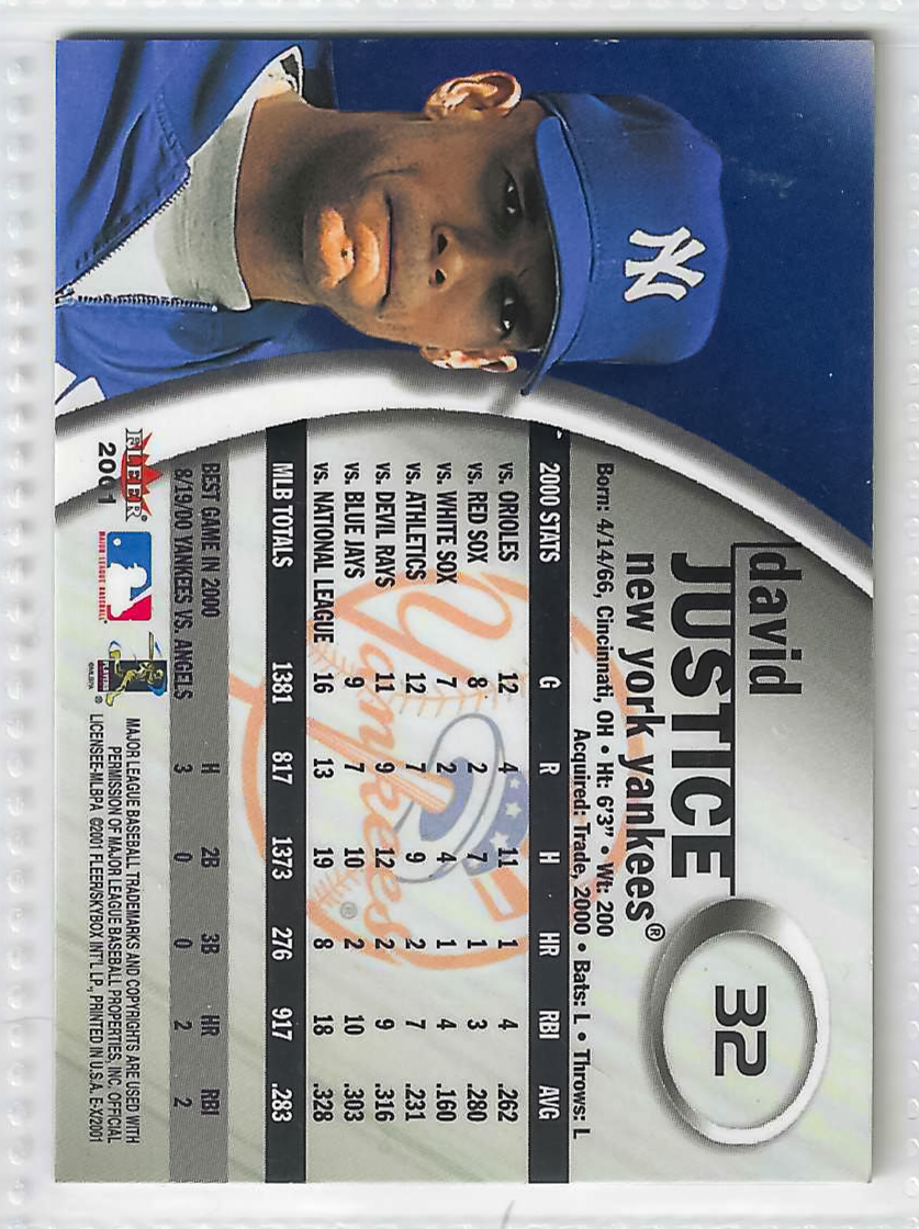 2001 EX Fleer - David Justice #32 - New York Mets - Image 2