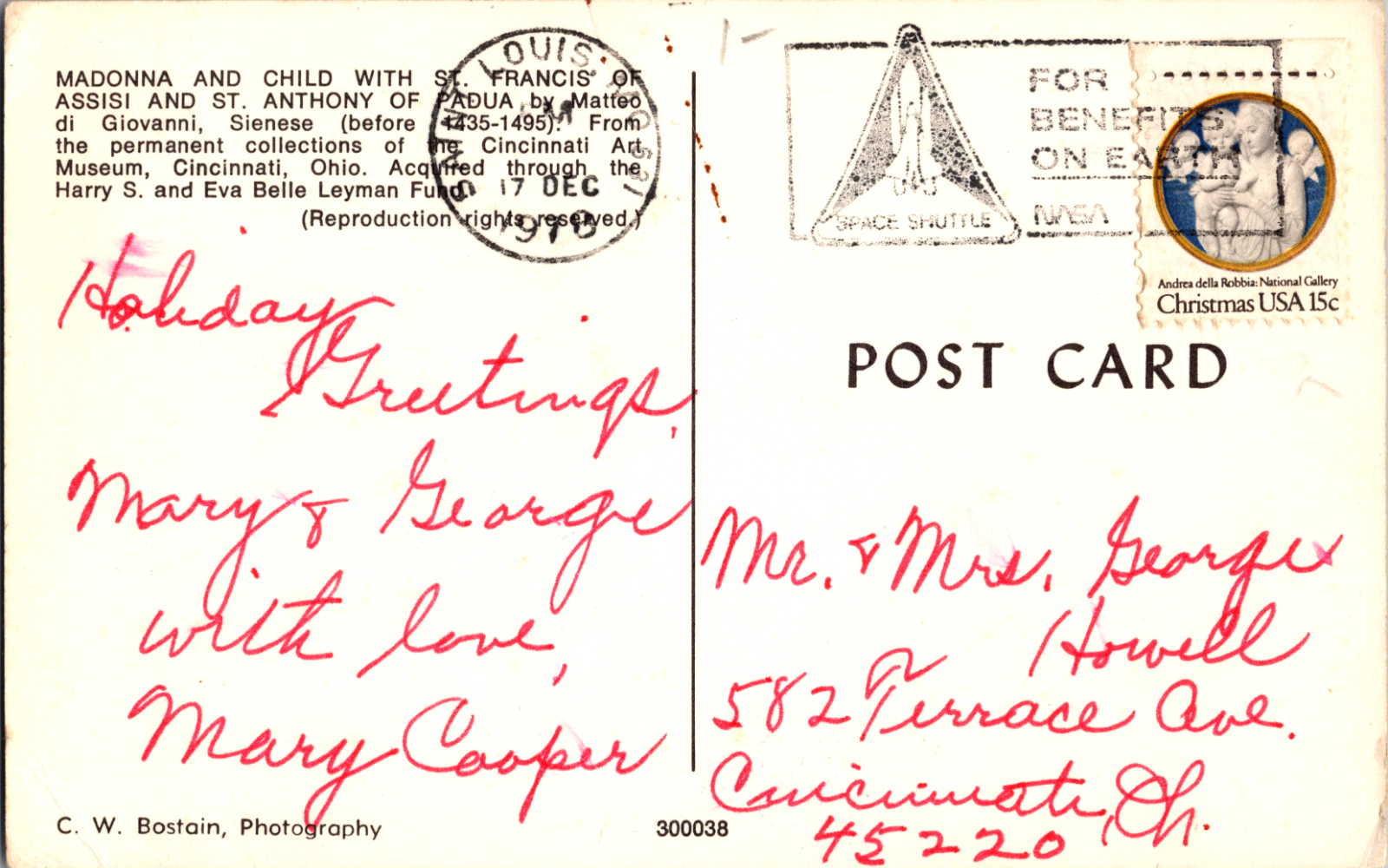 1978 Antique Christmas Postcard - Hand Written Message - 15 Cent Stamp USA - Image 2