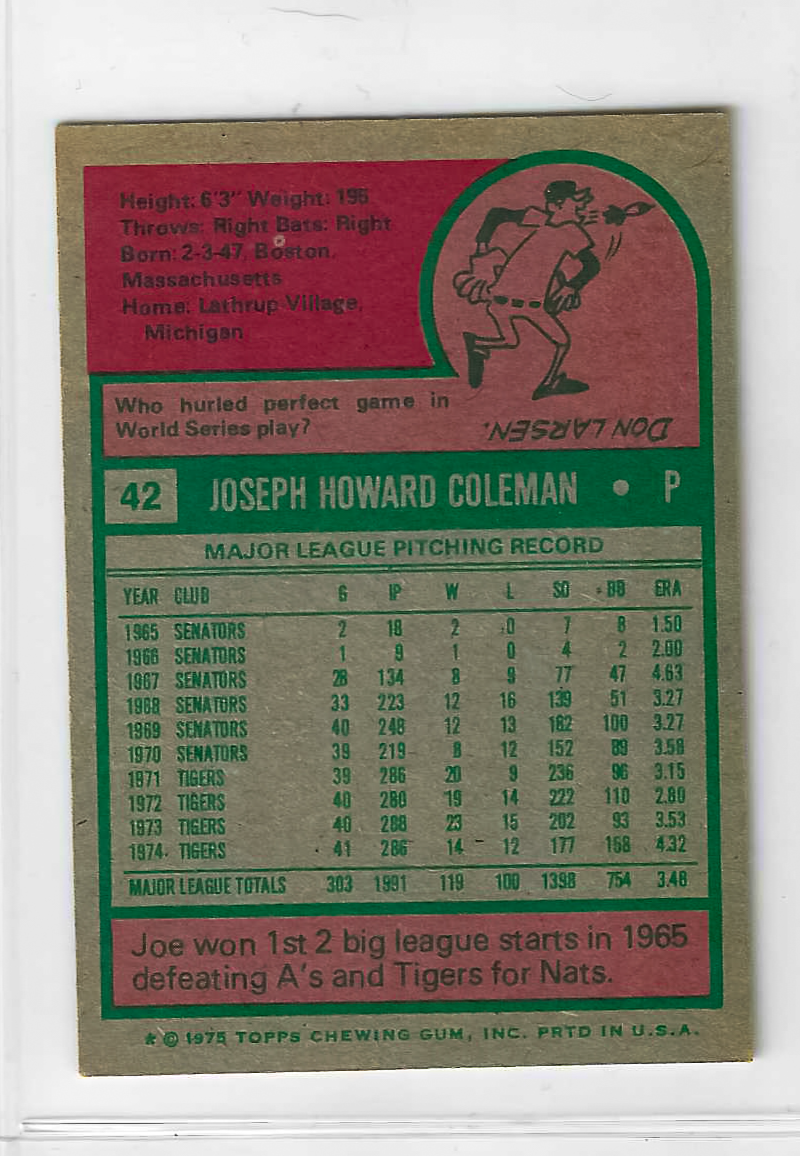 1975 Topps MINI Baseball - SET BREAK - Joe Coleman #42 - Image 2