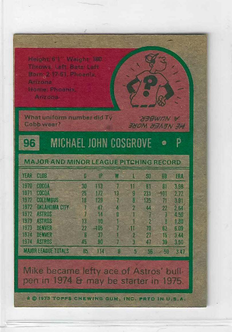 1975 Topps MINI Baseball - SET BREAK - Mike Cosgrove (RC) #96 - Image 2
