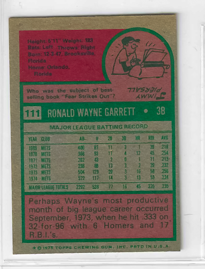 1975 Topps MINI Baseball - SET BREAK - Wayne Garrett #111 - Image 2