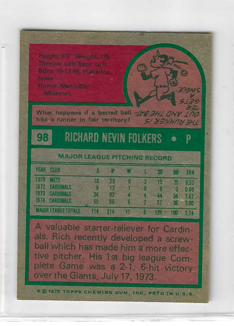 1975 Topps MINI Baseball - SET BREAK - Rich Folkers #98 - Image 2