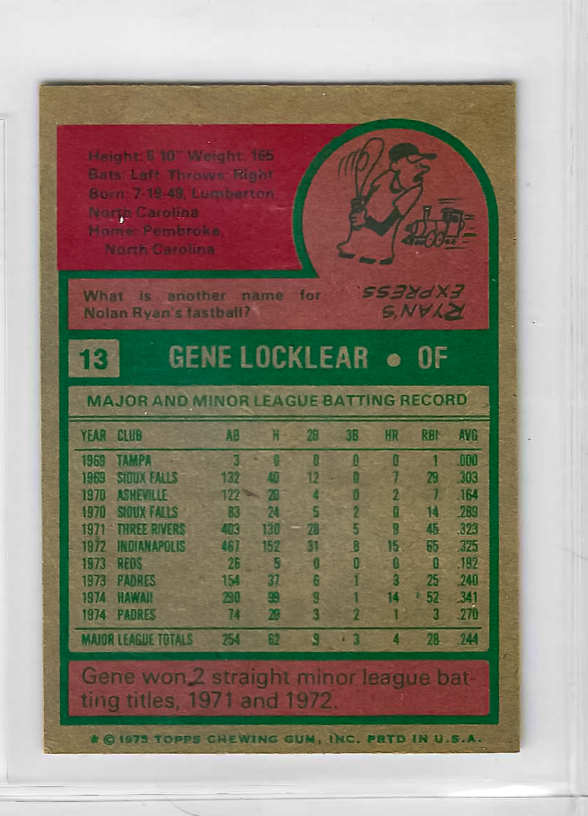 1975 Topps MINI Baseball - SET BREAK - Gene Locklear (RC) #13 - Image 2