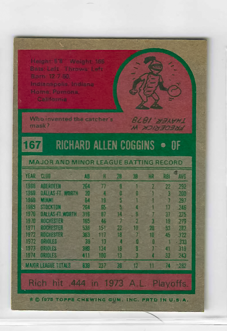 1975 Topps MINI Baseball - SET BREAK - Rich Coggins #167 - Image 2