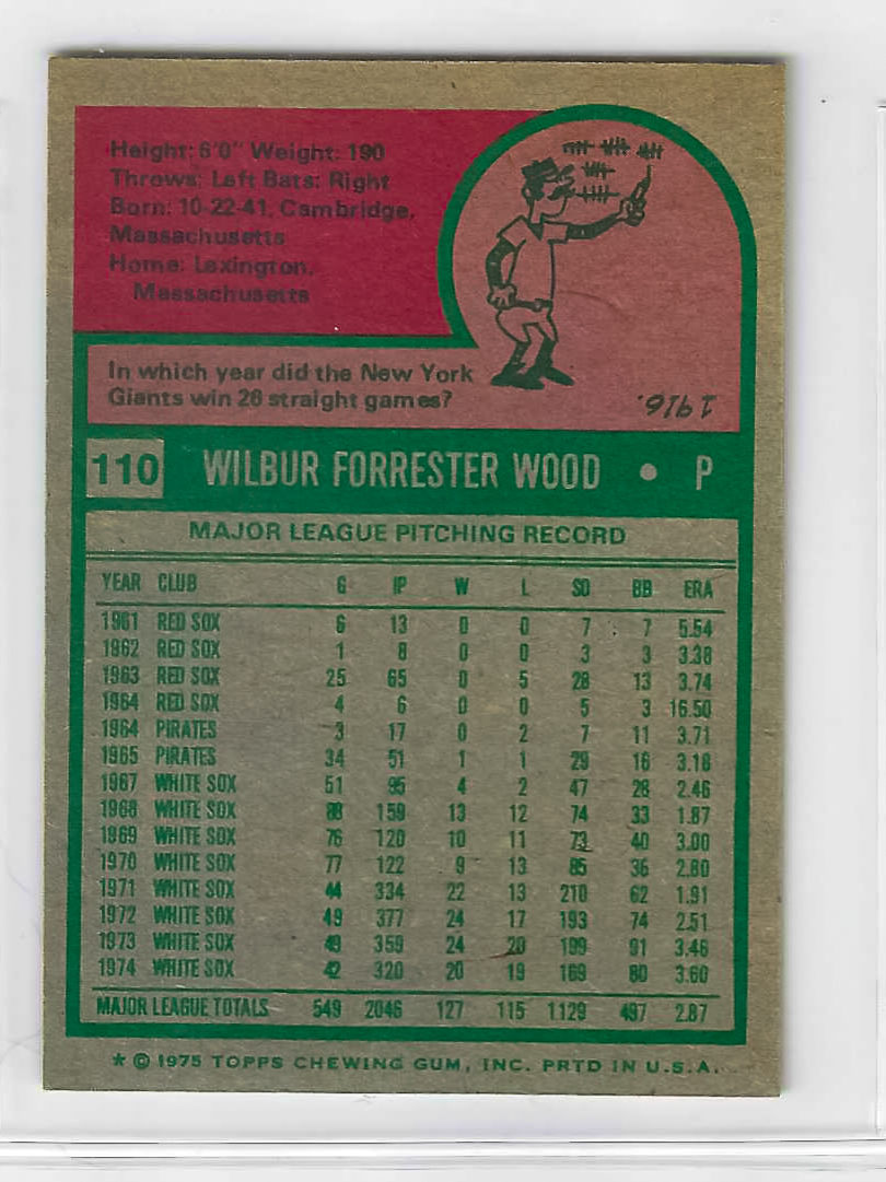 1975 Topps MINI Baseball - SET BREAK - Wilbur Wood #110 - Image 2