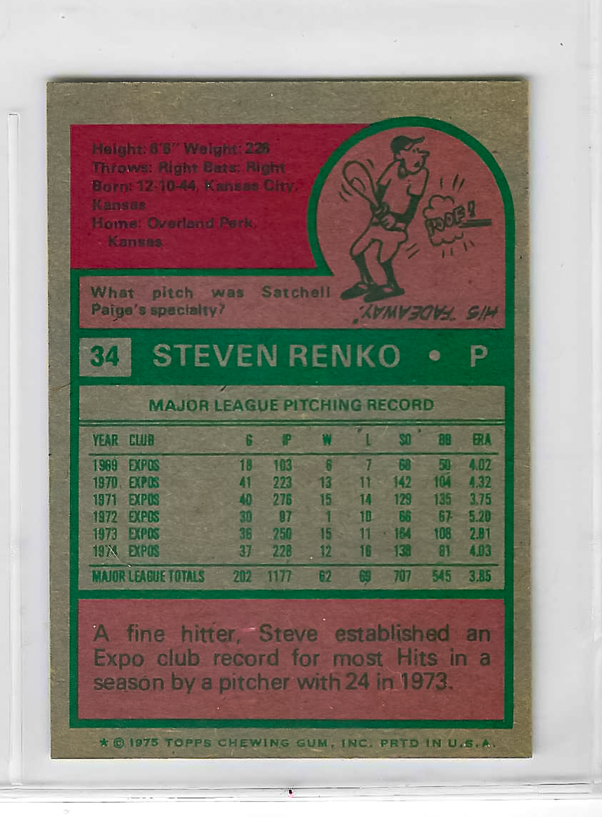 1975 Topps MINI Baseball - SET BREAK - Steve Renko #34 - Image 2