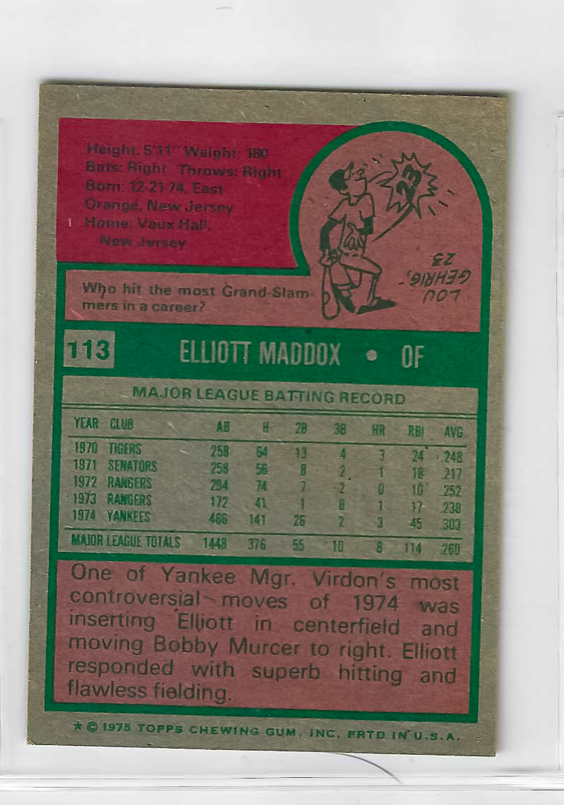 1975 Topps MINI Baseball - SET BREAK - Elliott Maddox #113 - Image 2