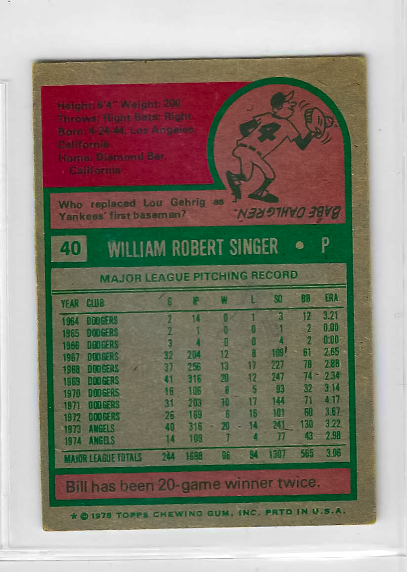 1975 Topps MINI Baseball - SET BREAK - Bill Singer #40 - Image 2