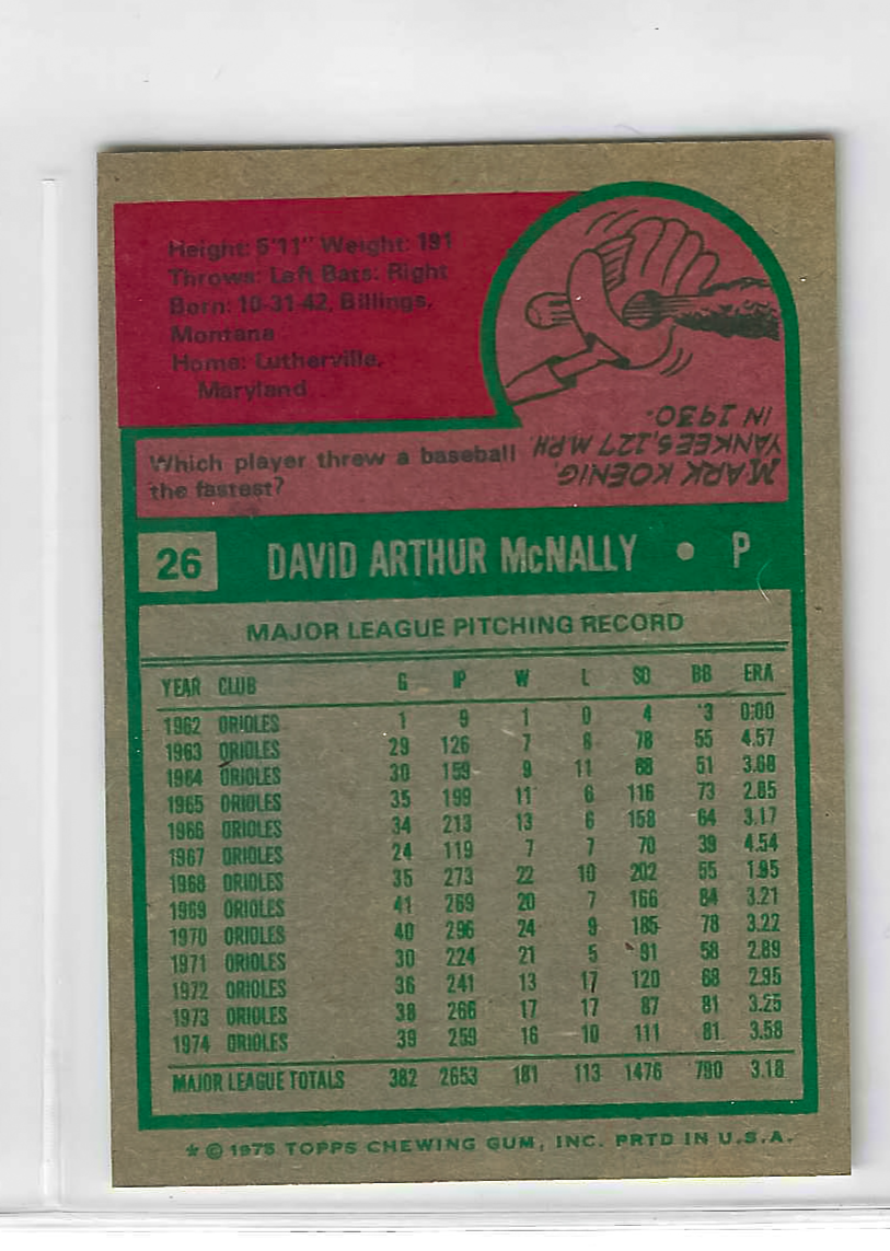 1975 Topps MINI Baseball - SET BREAK - Dave McNally #26 - Image 2