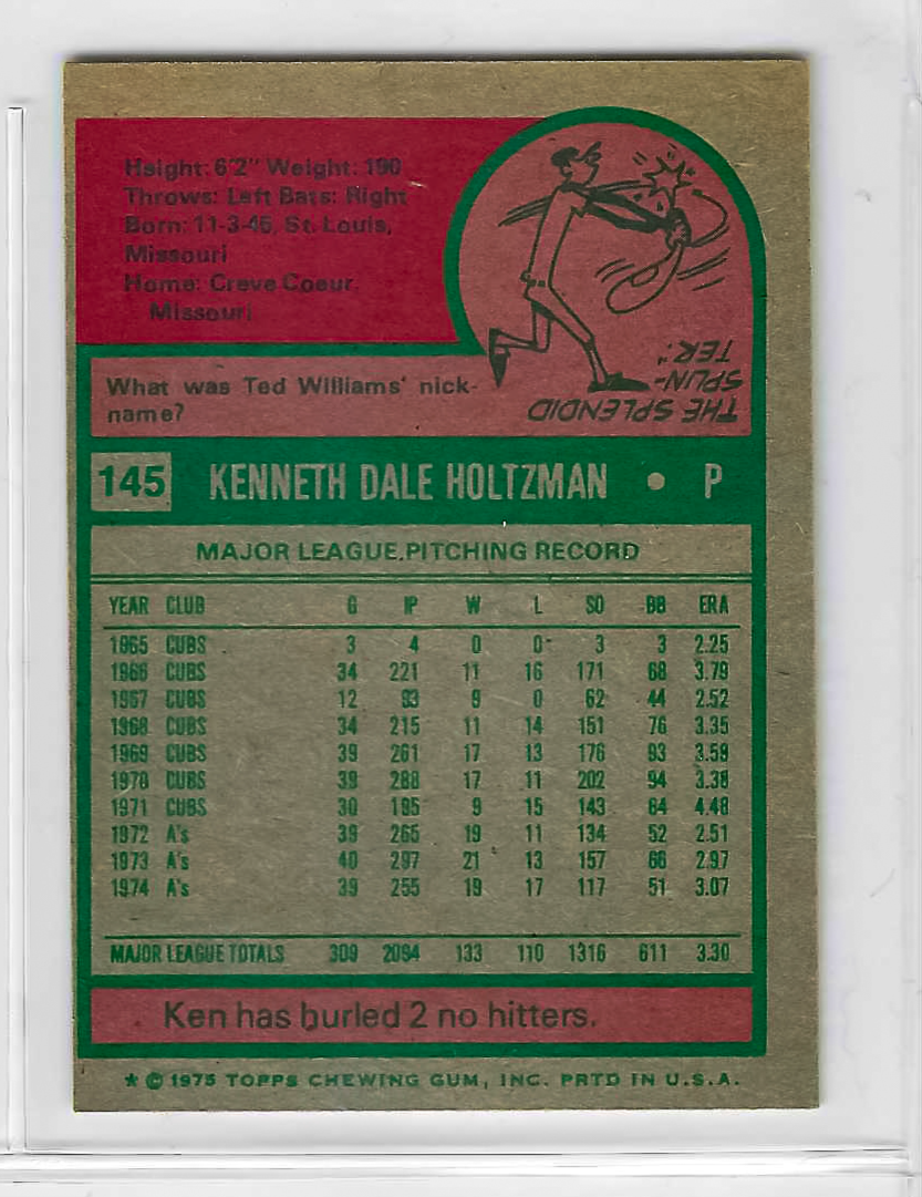 1975 Topps MINI Baseball - SET BREAK - Ken Holtzman #145 - Image 2