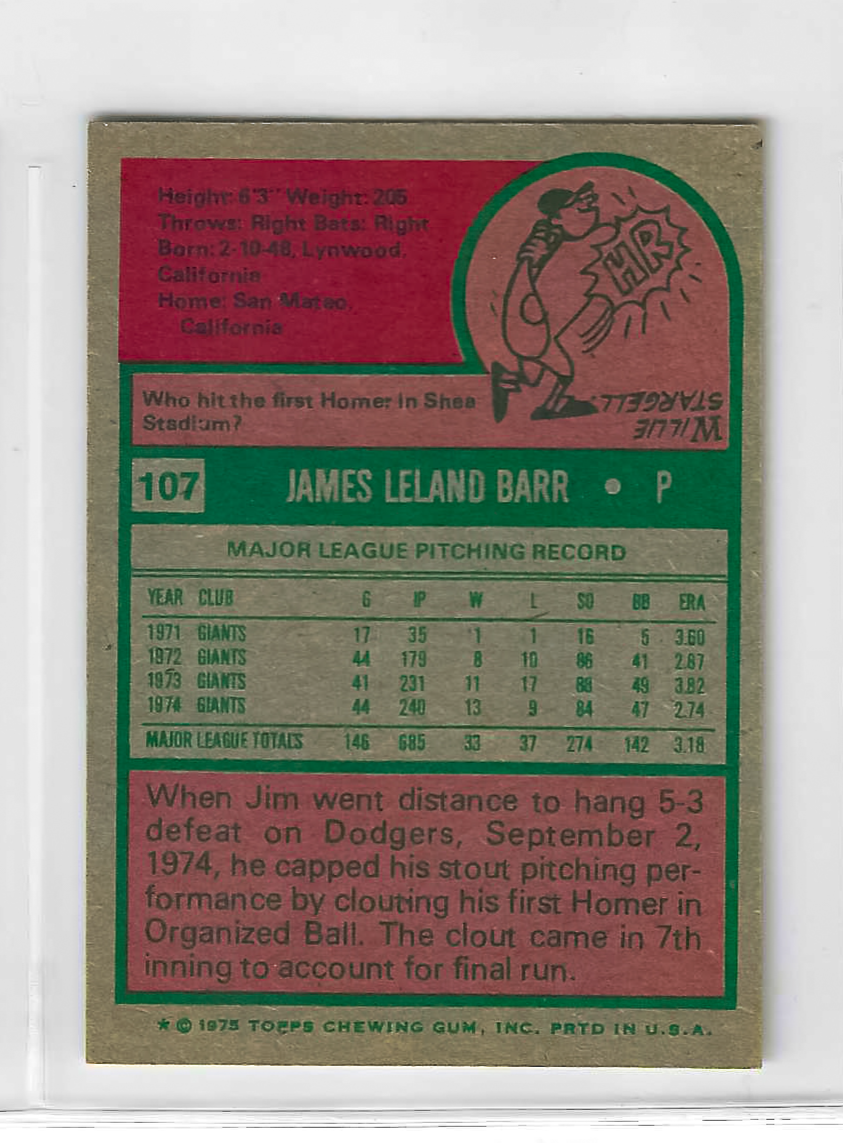 1975 Topps MINI Baseball - SET BREAK - Jim Barr #107 - Image 2
