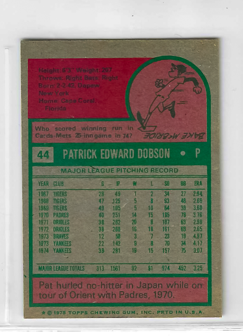 1975 Topps MINI Baseball - SET BREAK - Pat Dobson #44 - Image 2