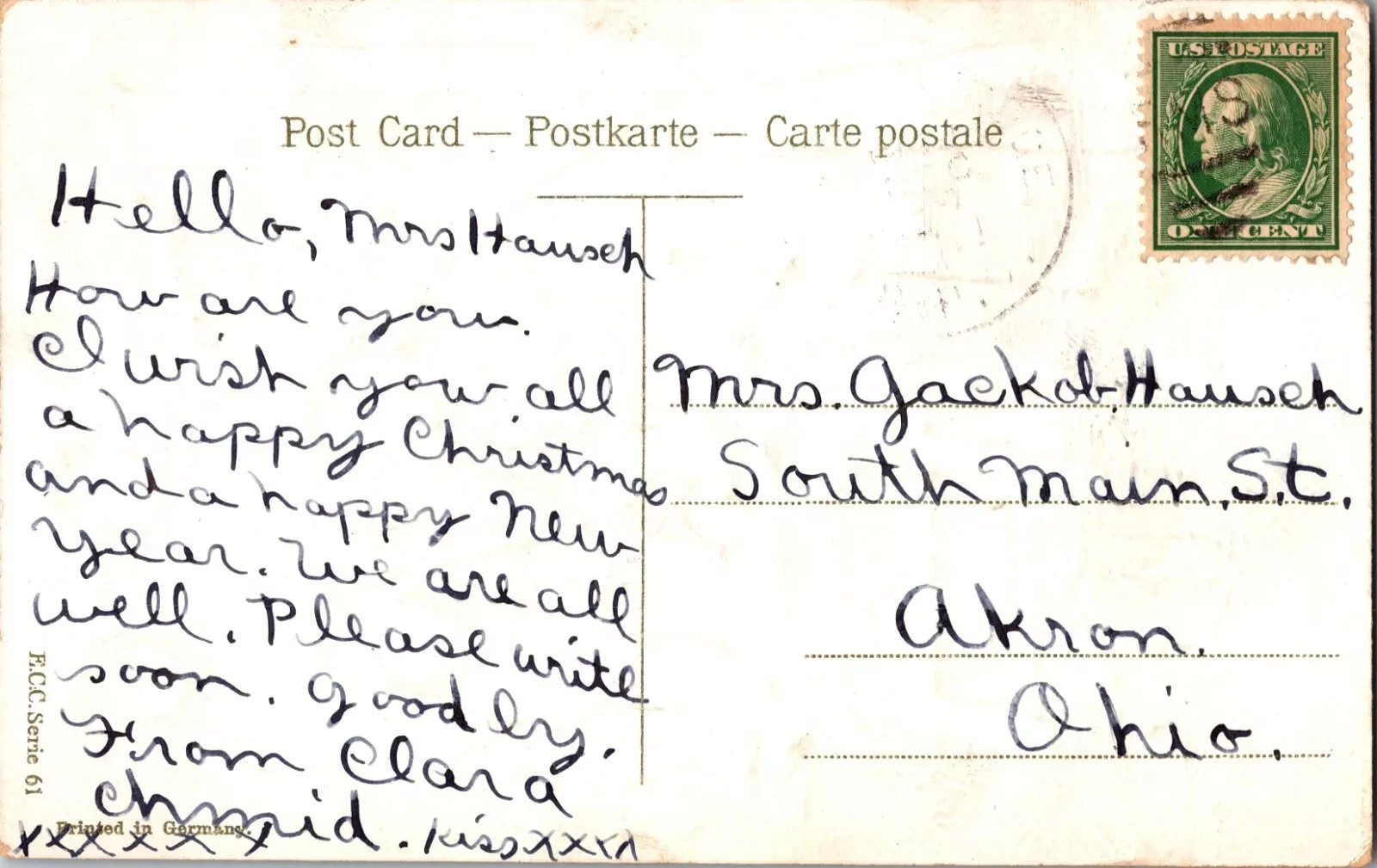 1900's Antique Christmas Postcard - Hand Written Message - One Cent Stamp USA - Image 2
