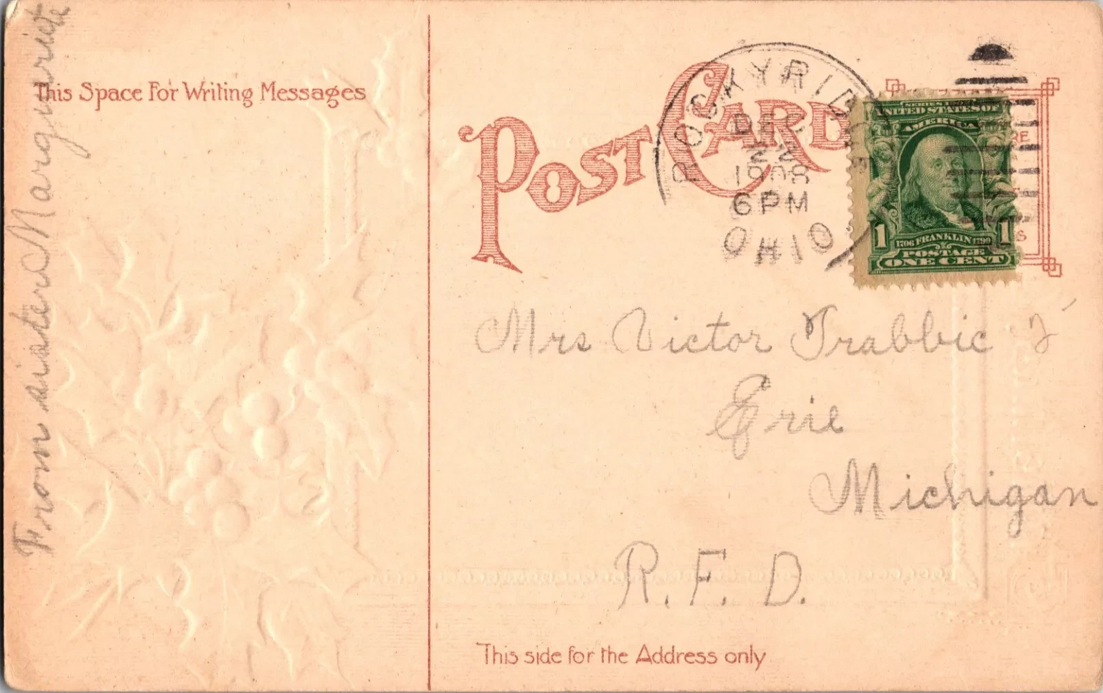 1908 Antique Christmas Postcard - Hand Written Message - One 1 Cent Stamp USA - Image 2