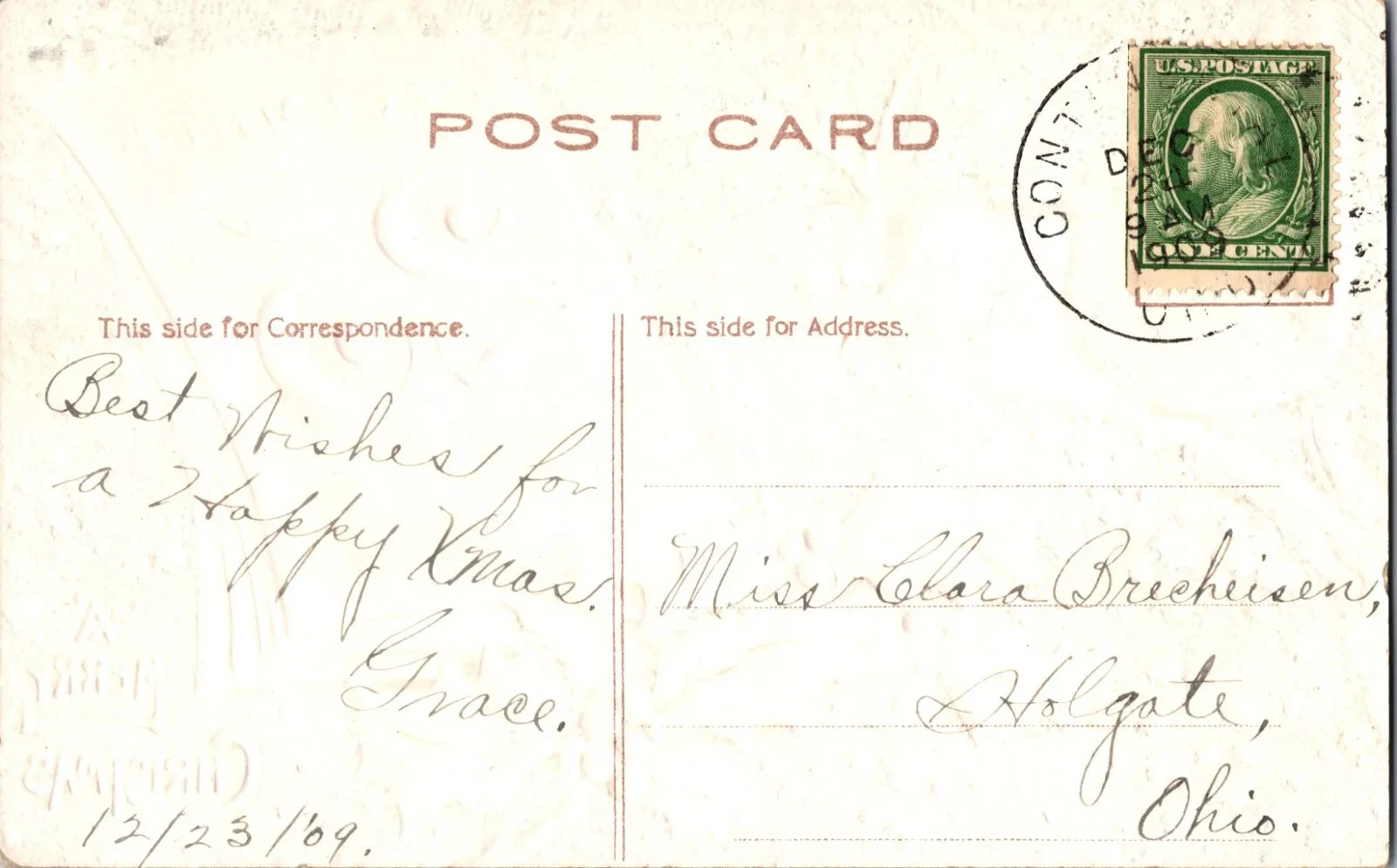 1909 Antique Christmas Postcard - Hand Written Message - One 1 Cent Stamp USA - Image 2