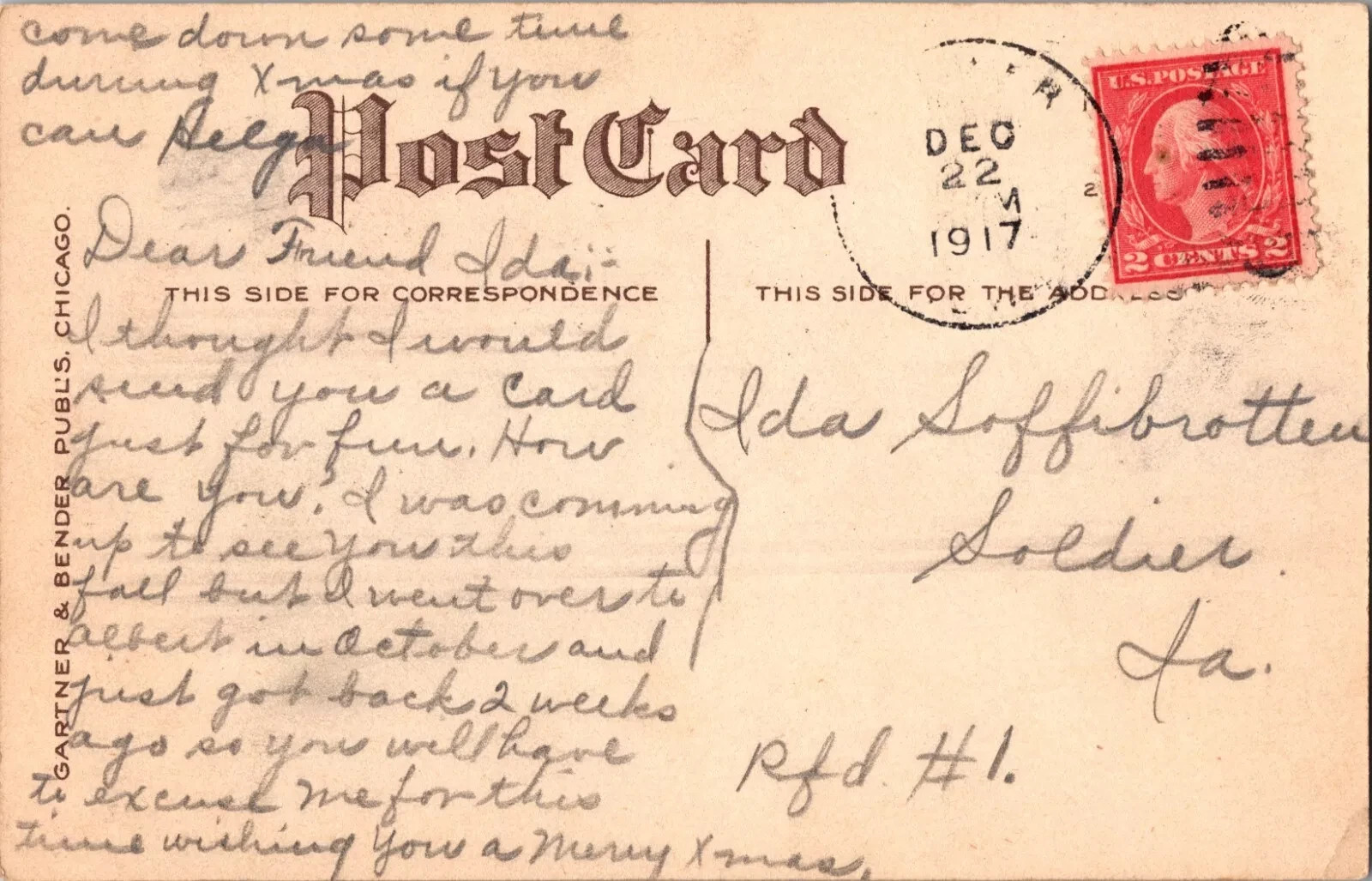 1917 Antique Christmas Postcard - Hand Written Message - Two 2 Cents Stamp USA - Image 2