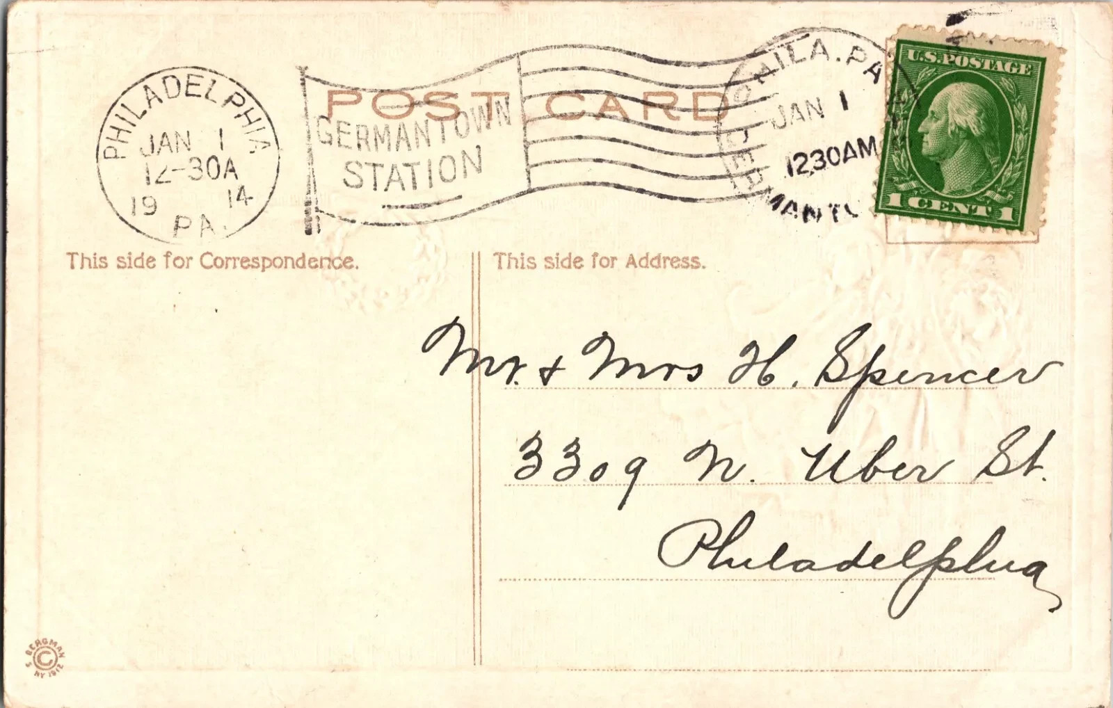 1914 Antique New Year Postcard - Hand Written Message - One 1 Cent Stamp USA - Image 2