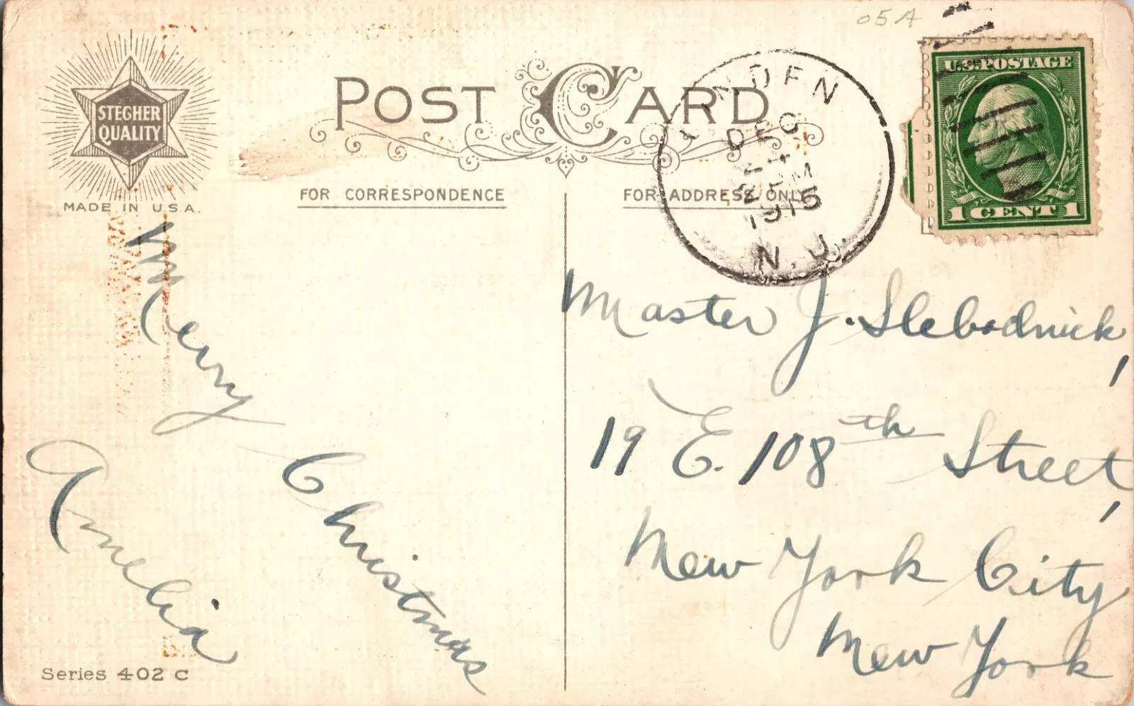 1915 Antique Christmas Postcard - Hand Written Message - One 1 Cent Stamp USA - Image 2