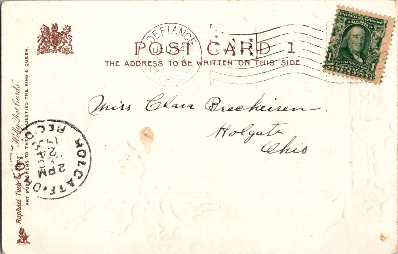 1906 Antique Christmas Postcard - Hand Written Message - One 1 Cent Stamp USA - Image 2