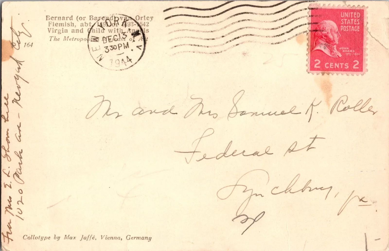1944 Antique Christmas Postcard - Hand Written Message - Two 2 Cents Stamp USA - Image 2
