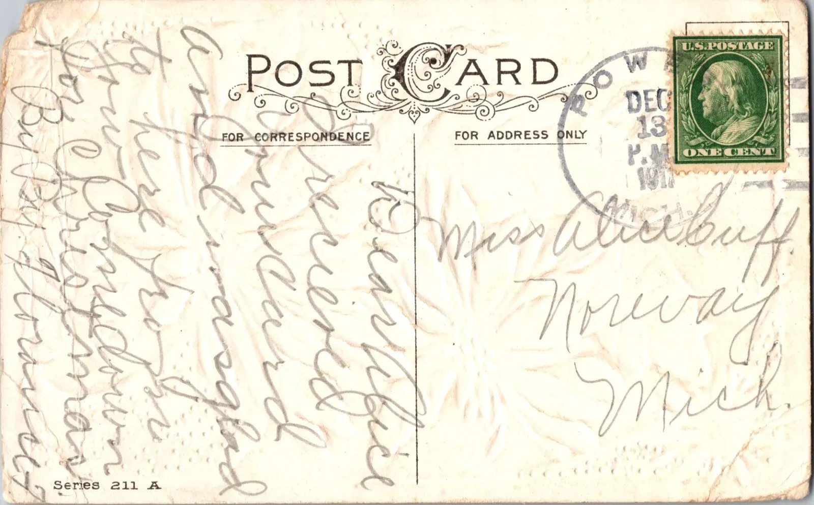 1917 Antique Christmas Postcard - Hand Written Message - One 1 Cent Stamp USA - Image 2