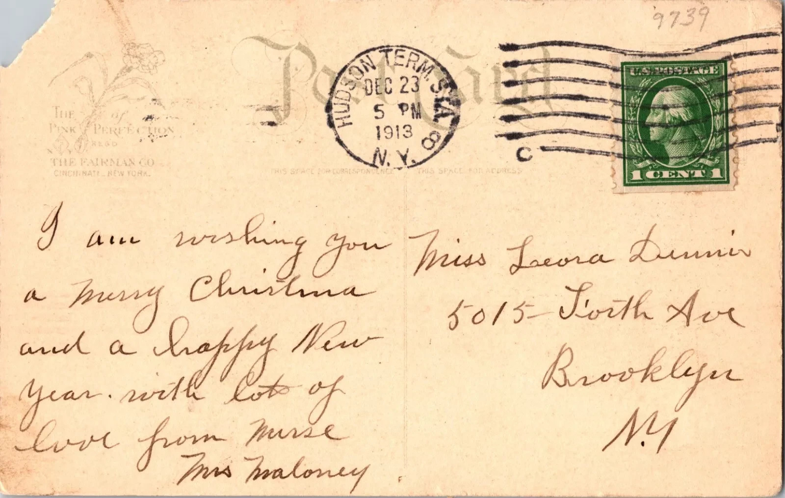 1913 Antique Christmas Postcard - Hand Written Message - One 1 Cent Stamp USA - Image 2
