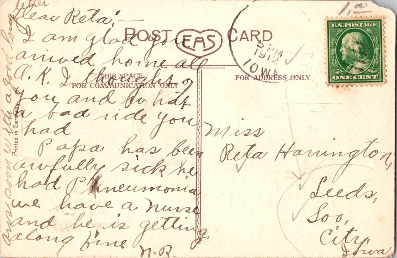 1912 Antique Easter Postcard - Hand Written Message - One 1 Cent Stamp USA - Image 2