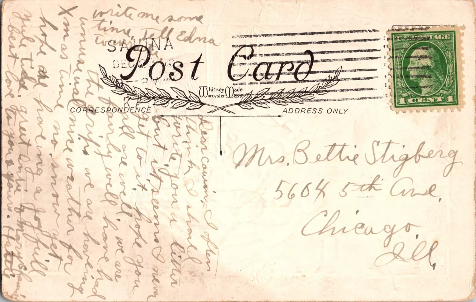 1915 Antique Christmas Postcard - Hand Written Message - One 1 Cent Stamp German - Image 2