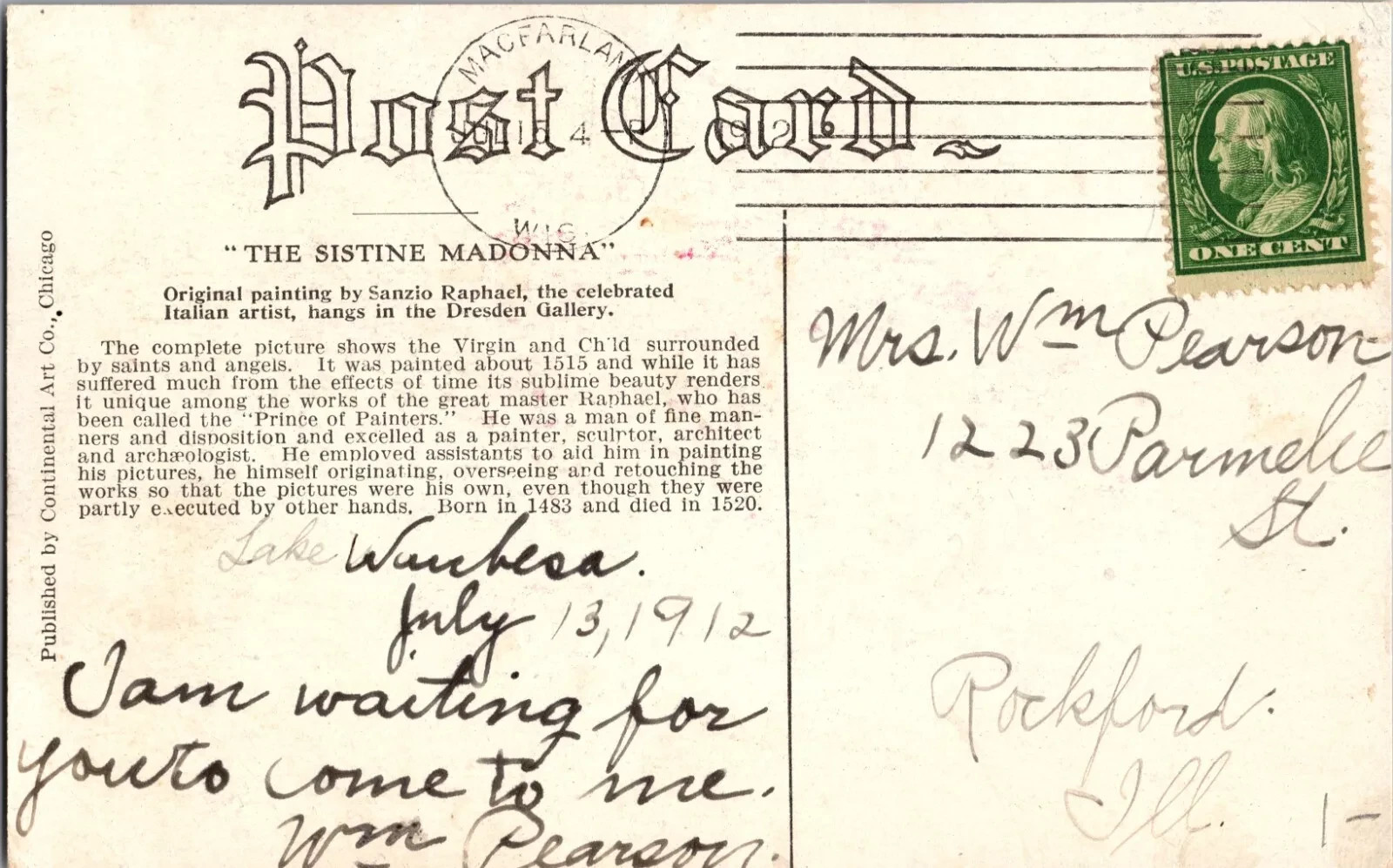 1912 Antique Religious Postcard - Hand Written Message - One 1 Cent Stamp USA - Image 2