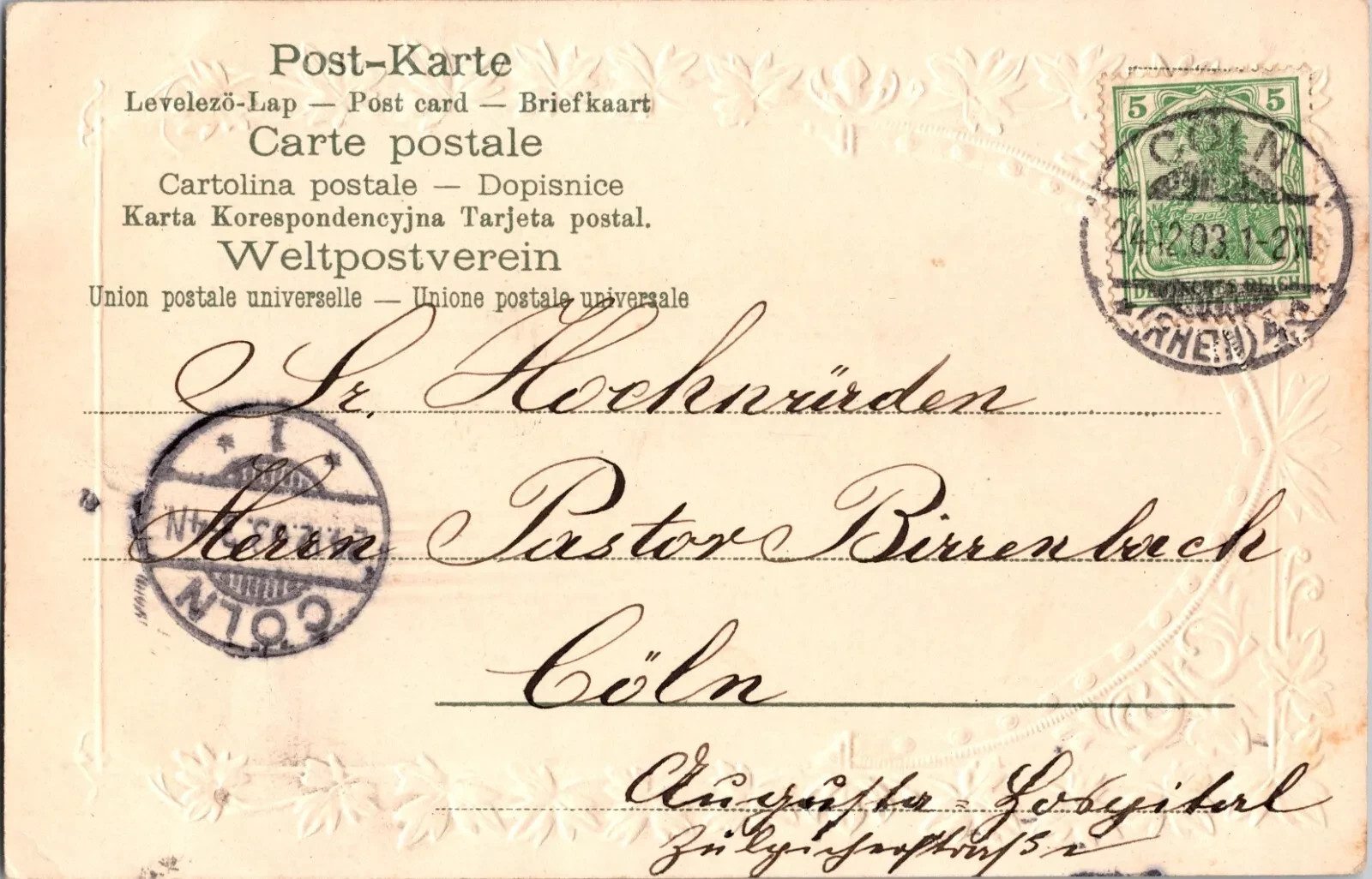 1903 Antique Christmas Postcard - Hand Written - 5 Deutsches Reich Stamp Germany - Image 2