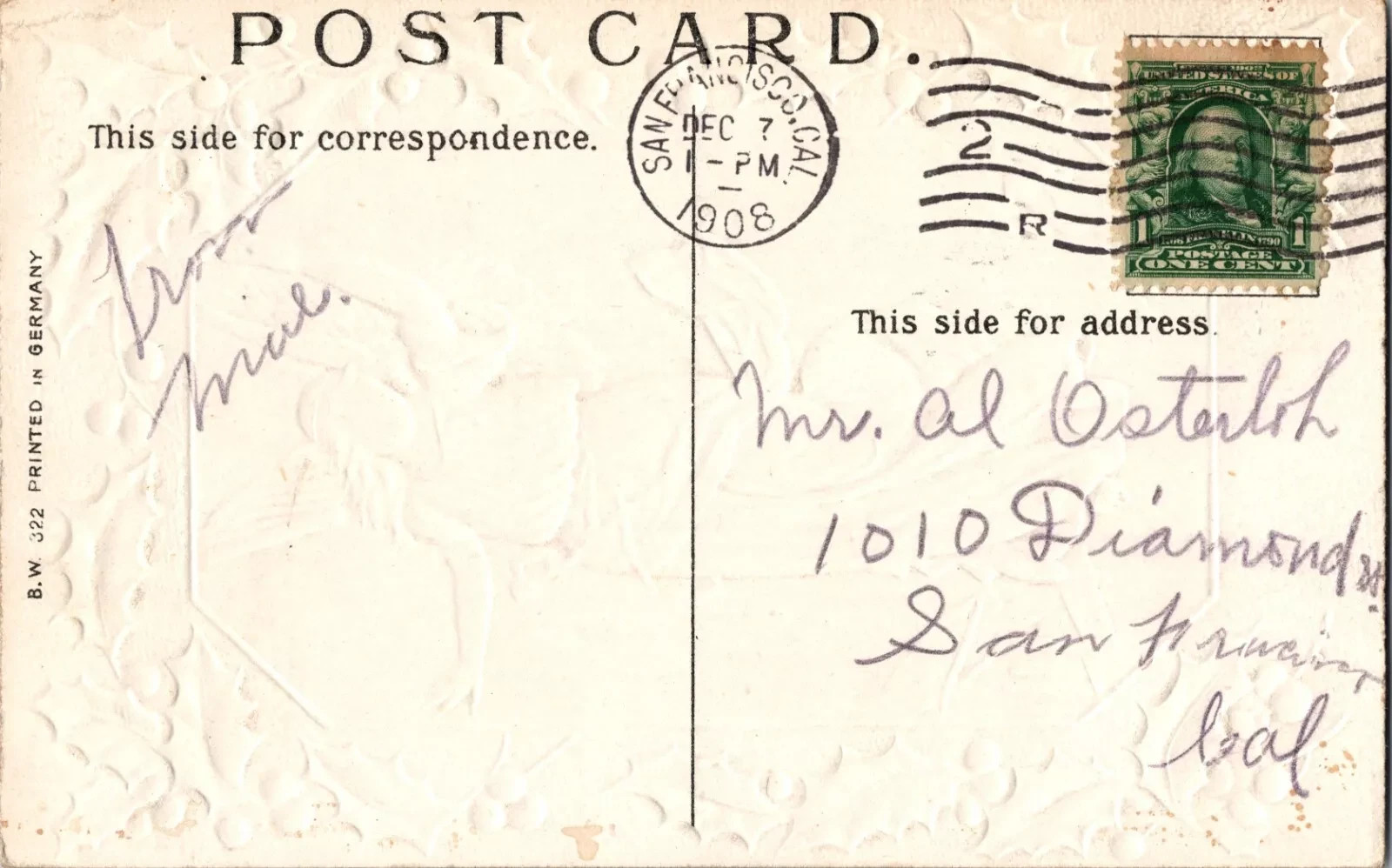 1908 Antique Christmas Postcard - Hand Written Message - One 1 Cent Stamp USA - Image 2