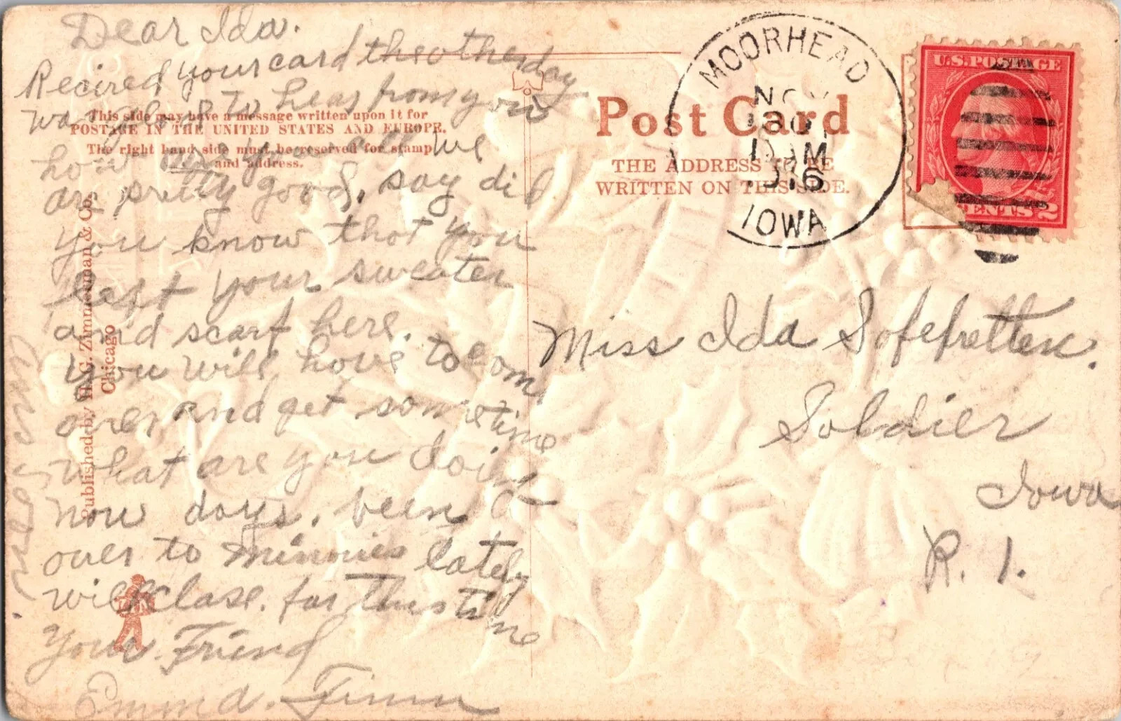 1916 Antique Christmas Postcard - Hand Written Message - Two 2 Cents Stamp USA - Image 2