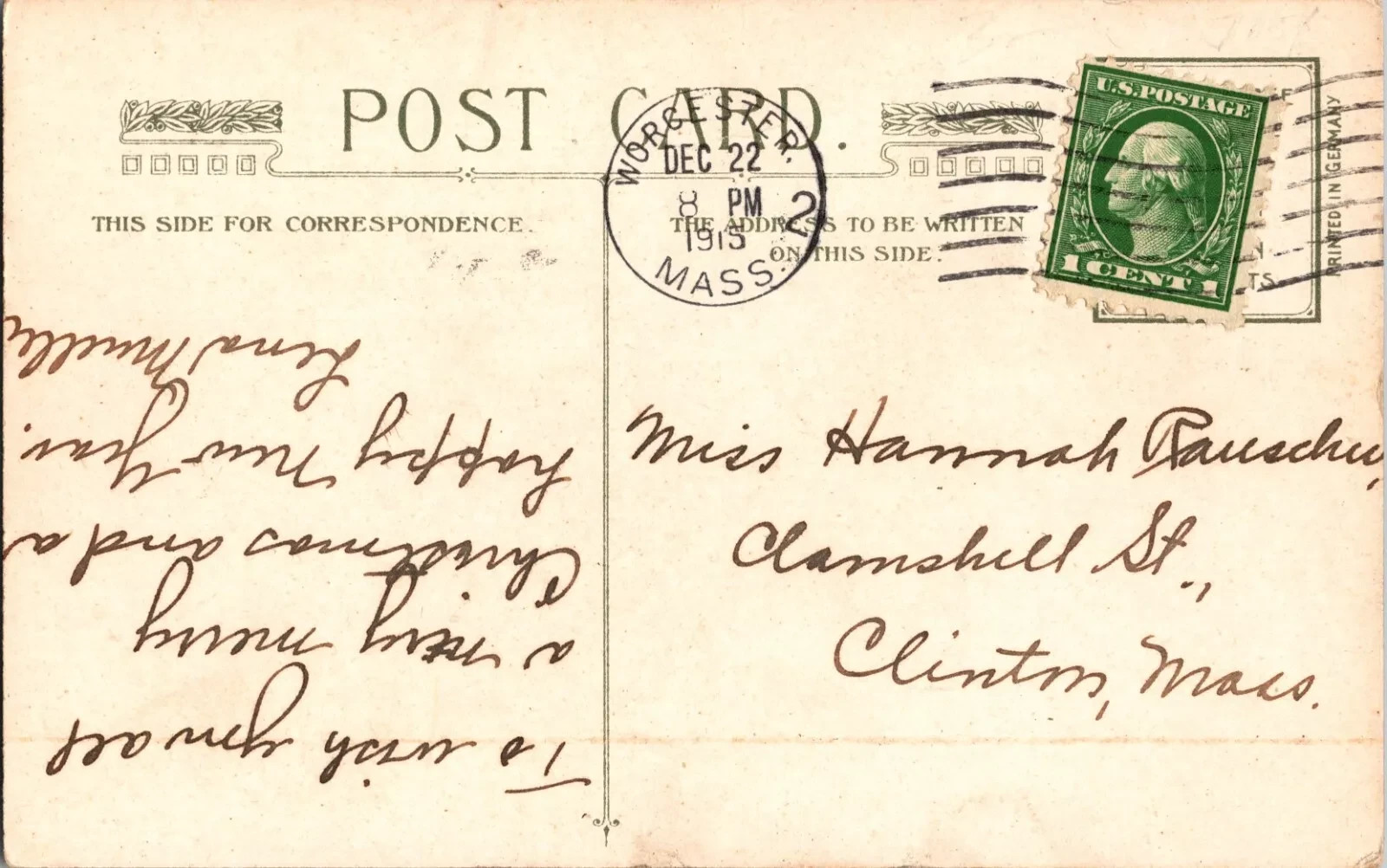 1915 Antique Christmas Postcard - Hand Written Message - 1 Cent Stamp USA - Image 2