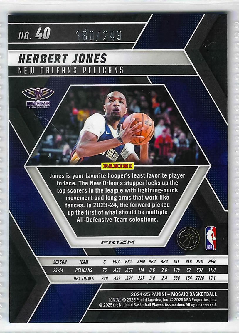 2024-25 Panini Mosaic - Herbert Jones #40 Fluorescent Purple Mosaic Prizm /249 - Image 2