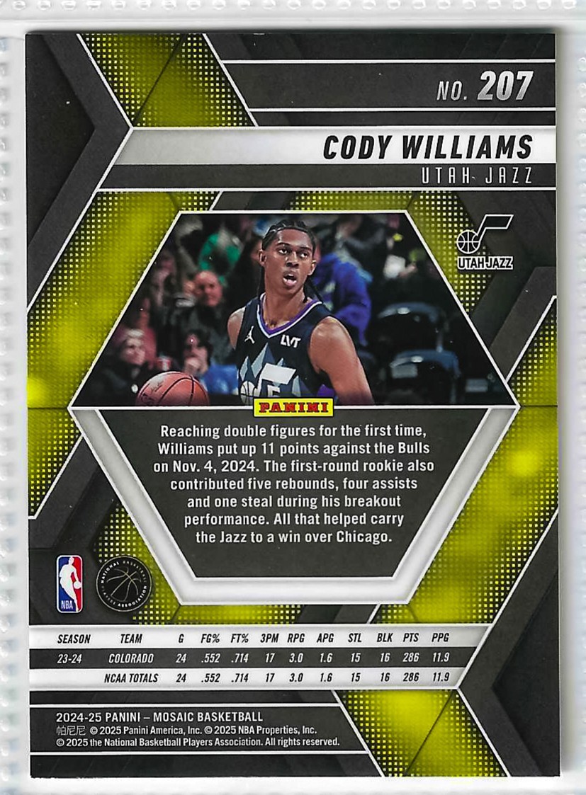 2024-25 Panini Mosaic - Rookies Cody Williams #207 Silver Prizm (RC) - Image 2