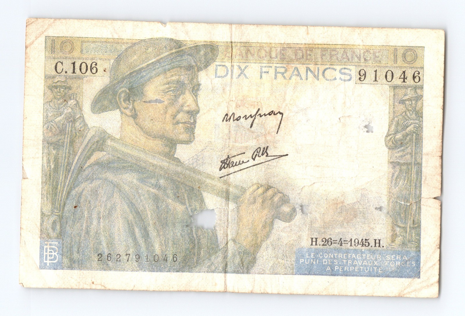 1945 France 10 Francs Mineur 8 - Image 2