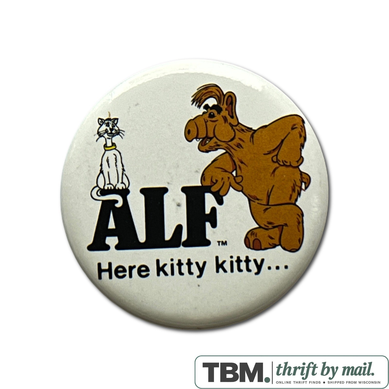 1987 ALF Pin Back Button Vintage 1.5 Inch White Good