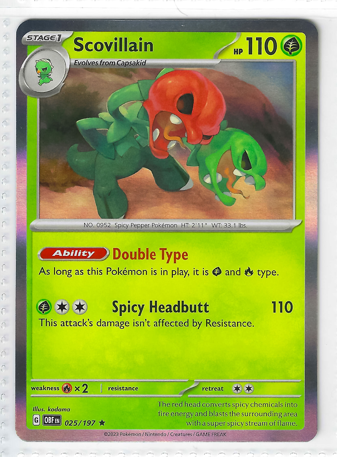 Pokemon Scovillain 025/197 Obsidian Flames Trading Card