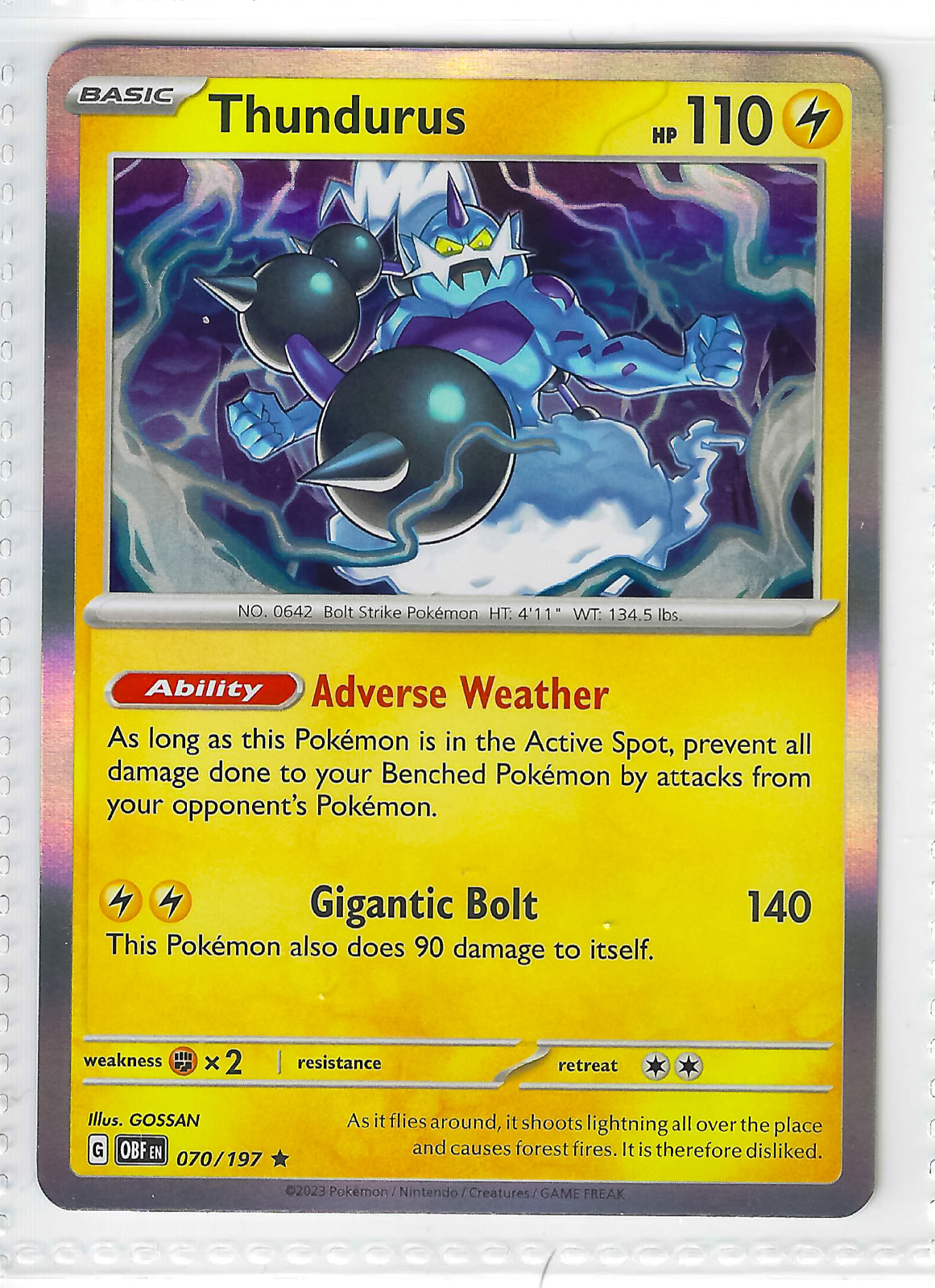 Thundurus Pokemon Card 070/197 Obsidian Flames Lightning Basic