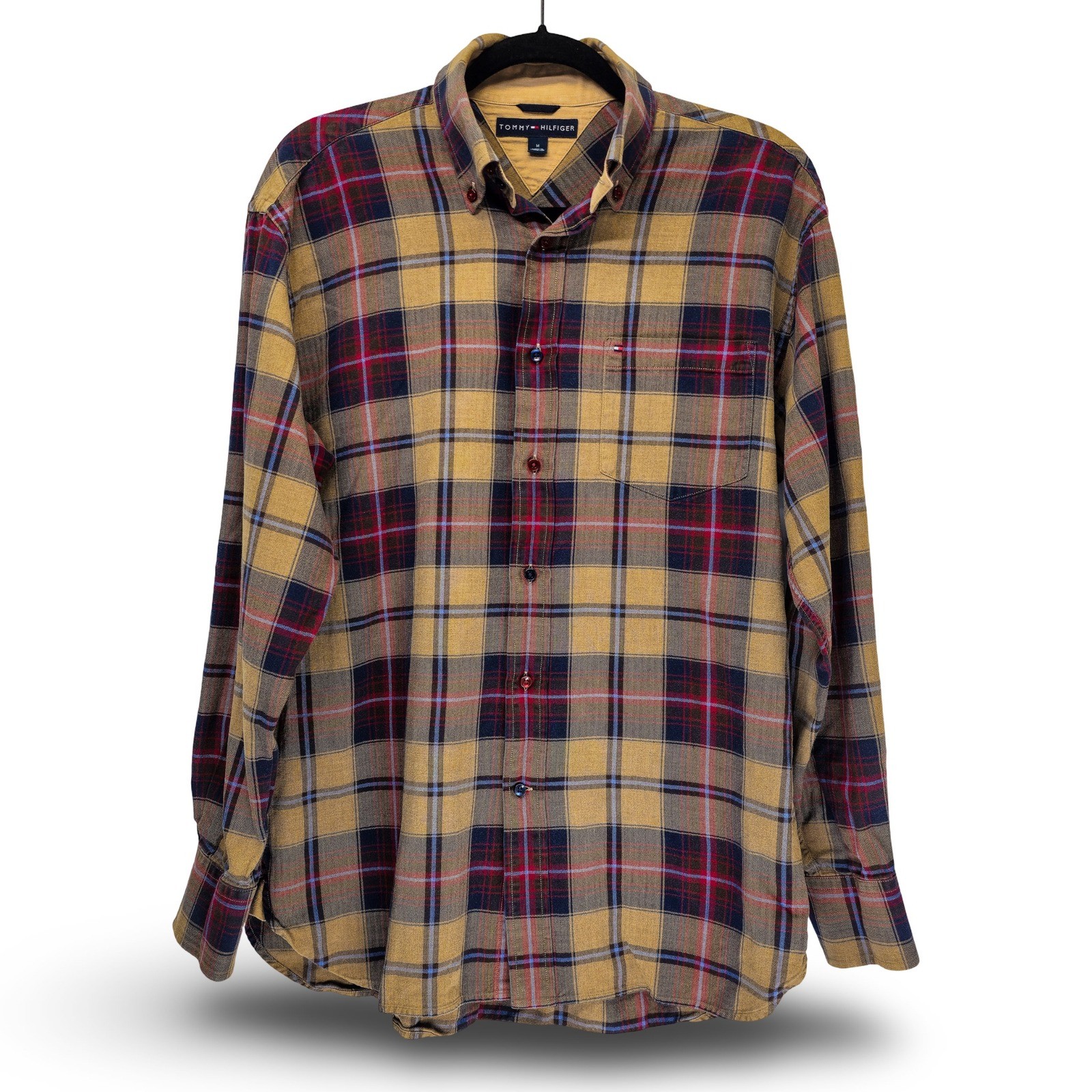 Tommy Hilfiger Plaid Button Down Shirt Mens Size Medium Mustard Yellow Excellent