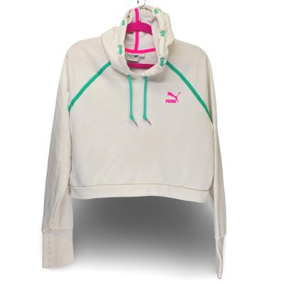Puma Cropped Hoodie Women XL White Teal Neon Pink Excellent