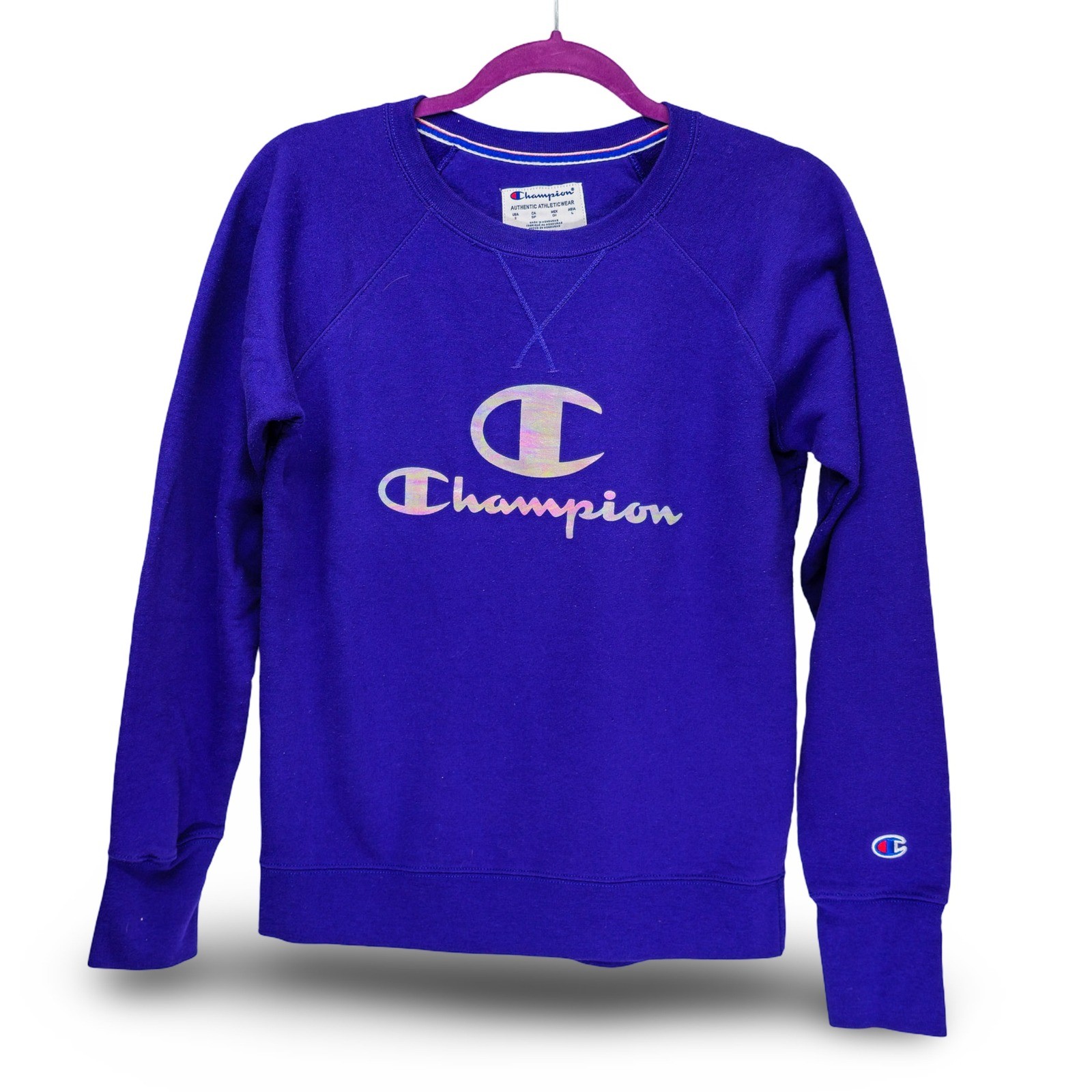 Champion Sweatshirt Womens Small Purple Iridescent Foil Logo Pullover Excellent