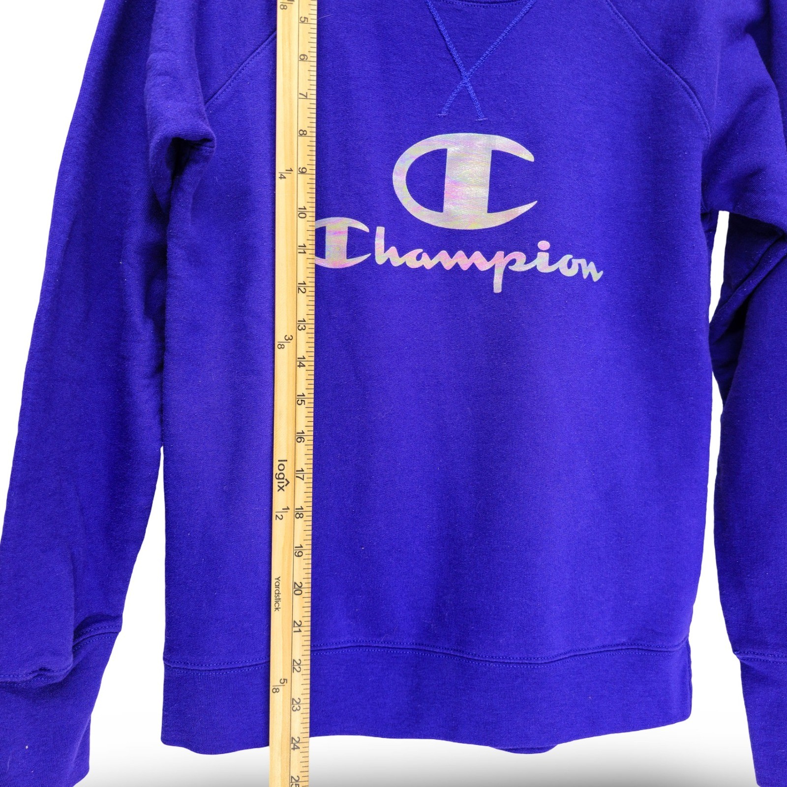 Champion Sweatshirt Womens Small Purple Iridescent Foil Logo Pullover Excellent - Image 5