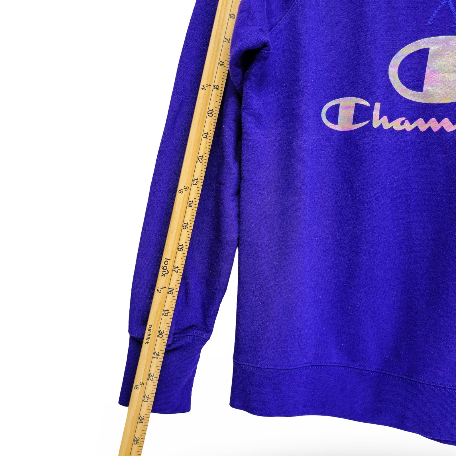 Champion Sweatshirt Womens Small Purple Iridescent Foil Logo Pullover Excellent - Image 6