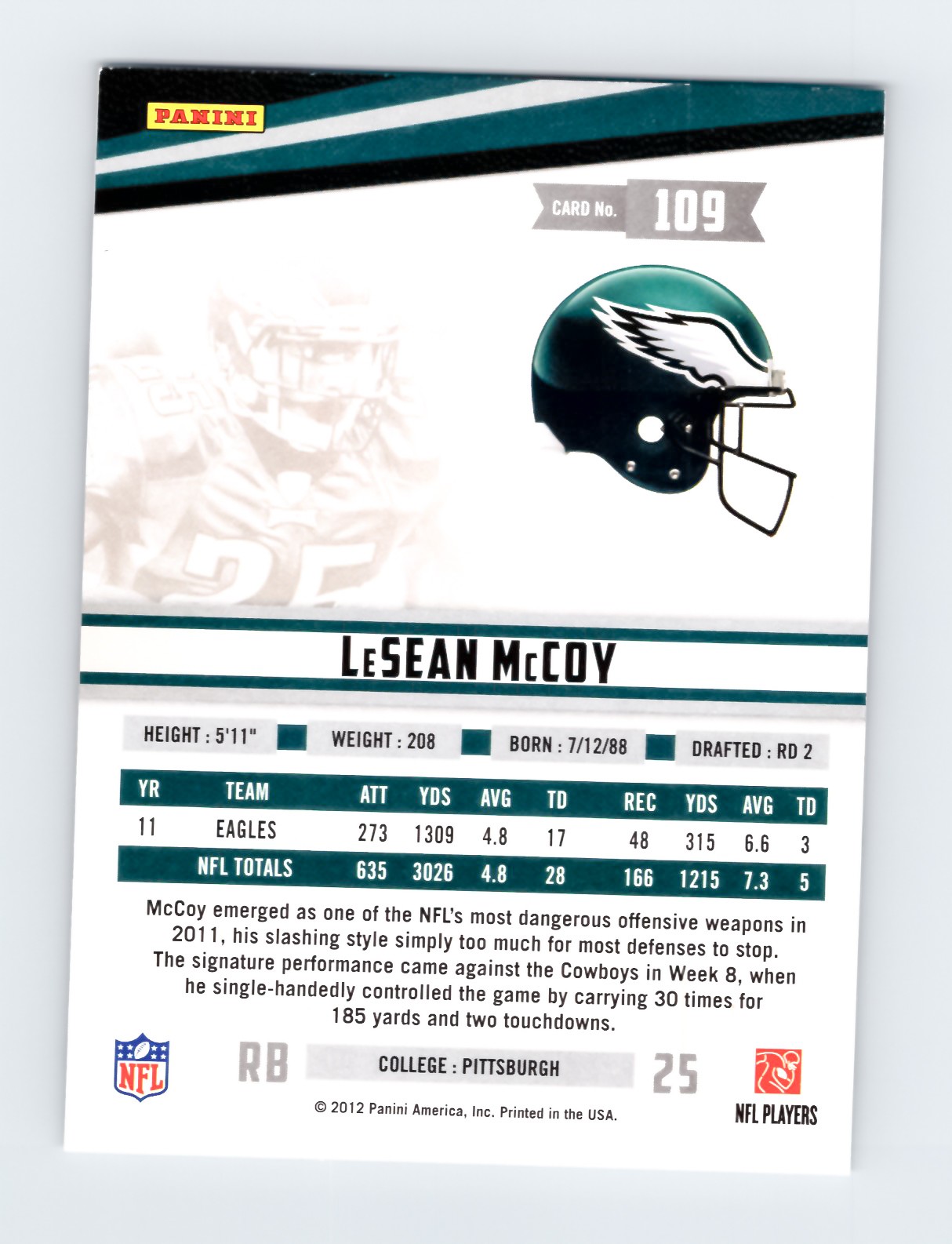 LeSean McCoy 2012 Panini Rookies & Stars #109 Eagles Football Card - Image 2