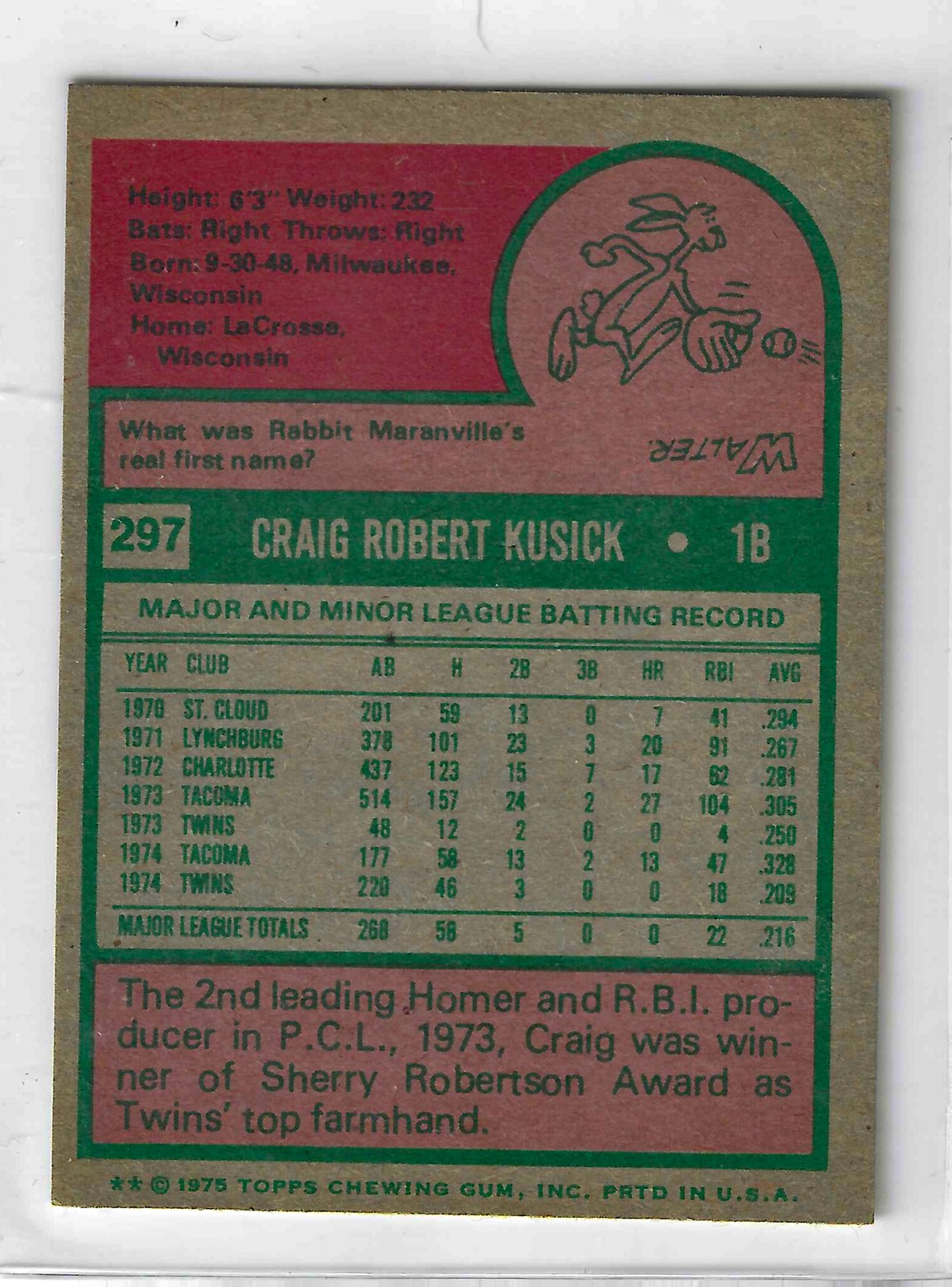 1975 Topps MINI Baseball - SET BREAK - Craig Kusick #297 - Image 2