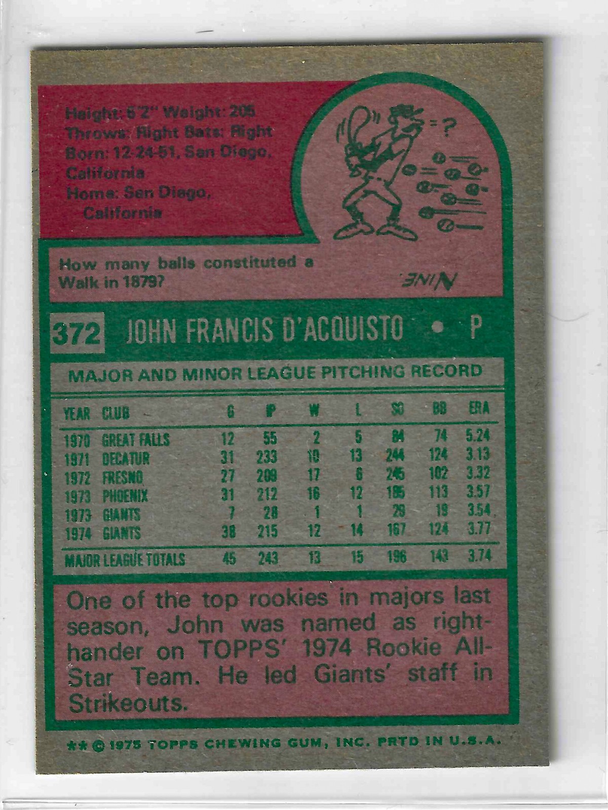1975 Topps MINI Baseball - SET BREAK - John D'acquisto #372 - Image 2