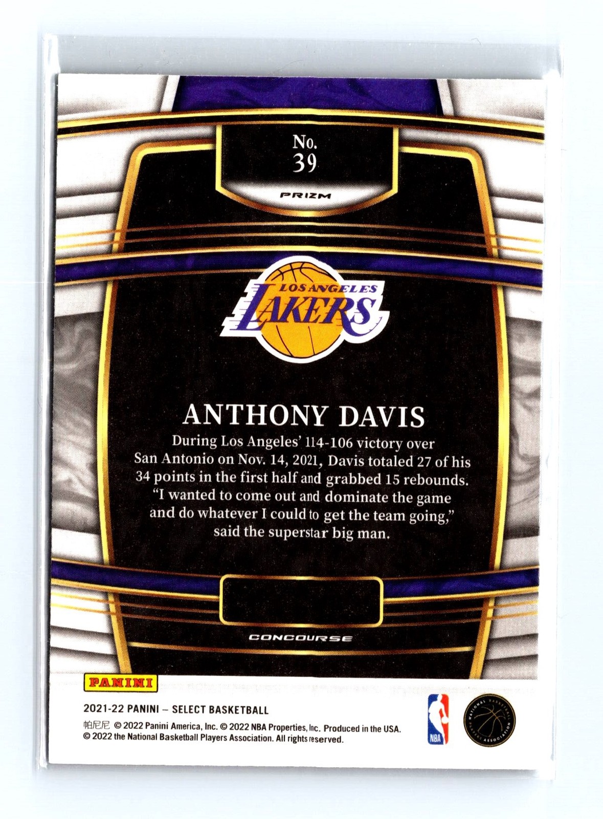 2021-22 Panini Select #39 Anthony Davis Tri-Color Prizms - Image 2